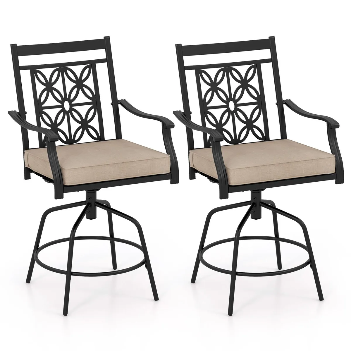 Two brown swivel bar stools with black metal frames and cushioned seats