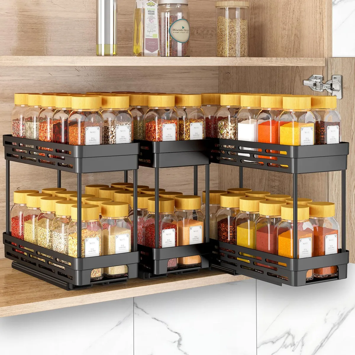 Three red pull-out spice racks, two tiers each, slide-out design