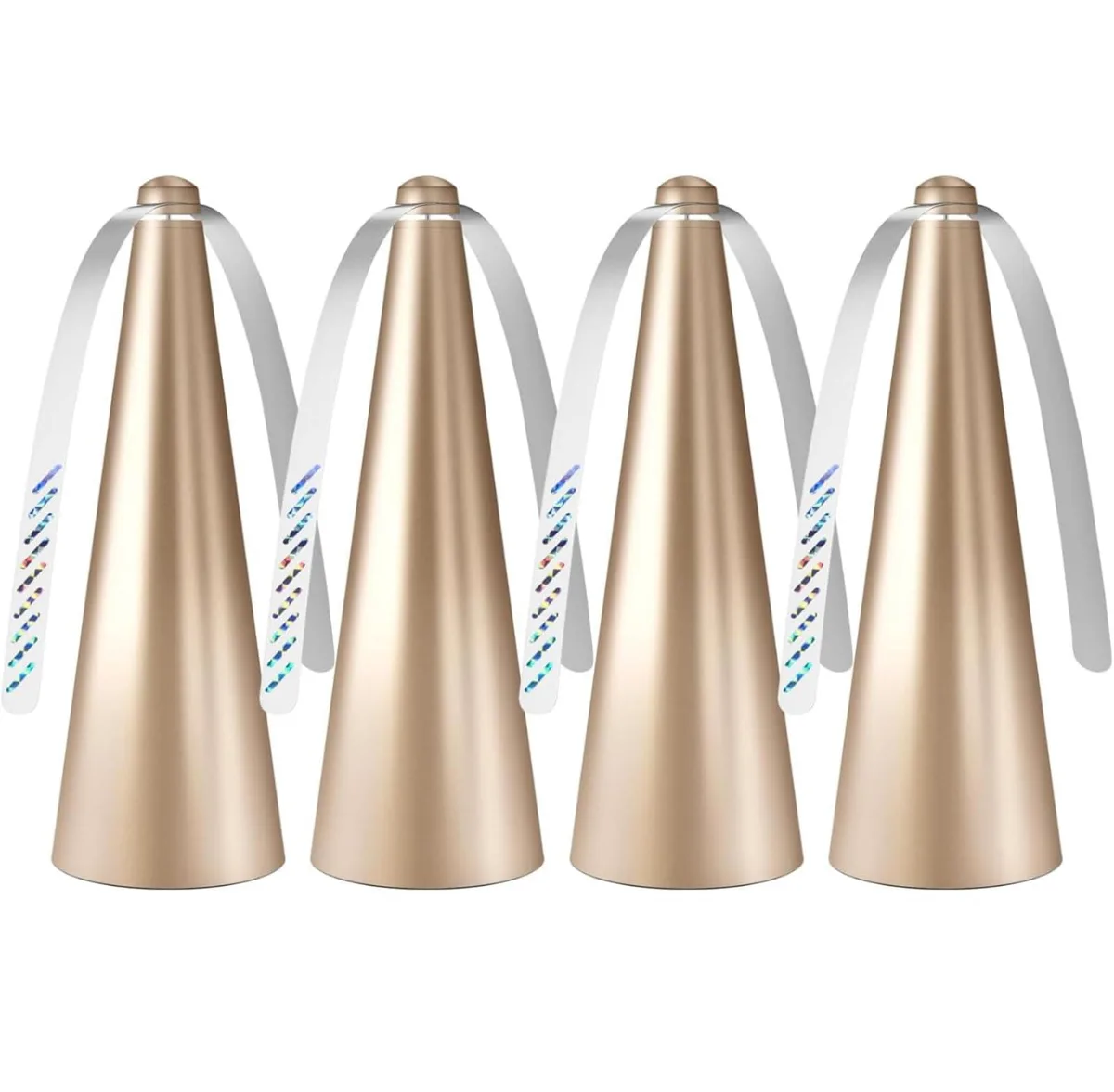 Four golden table-top fly fans with soft reflective blades and bottom hooks