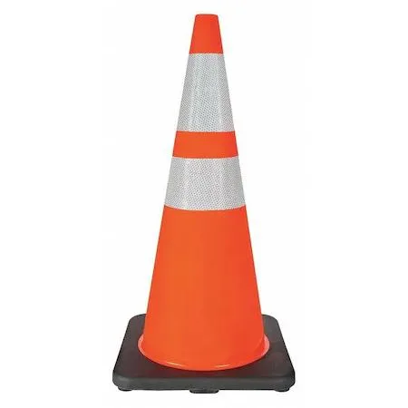 Orange PVC traffic cone 28 inches tall with reflective collars and black base