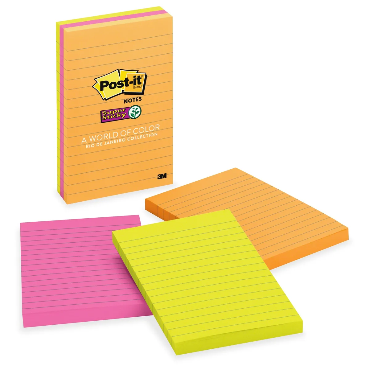 Three packs of lined sticky notes in assorted Rio de Janeiro colours, ninety sheets per pad