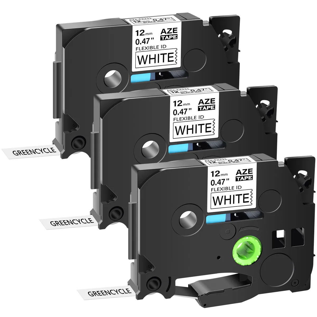 GREENCYCLE GREENCYCLE TZe-FX231 12mm Black on White Flexible ID Laminated Label 3PK — product photo