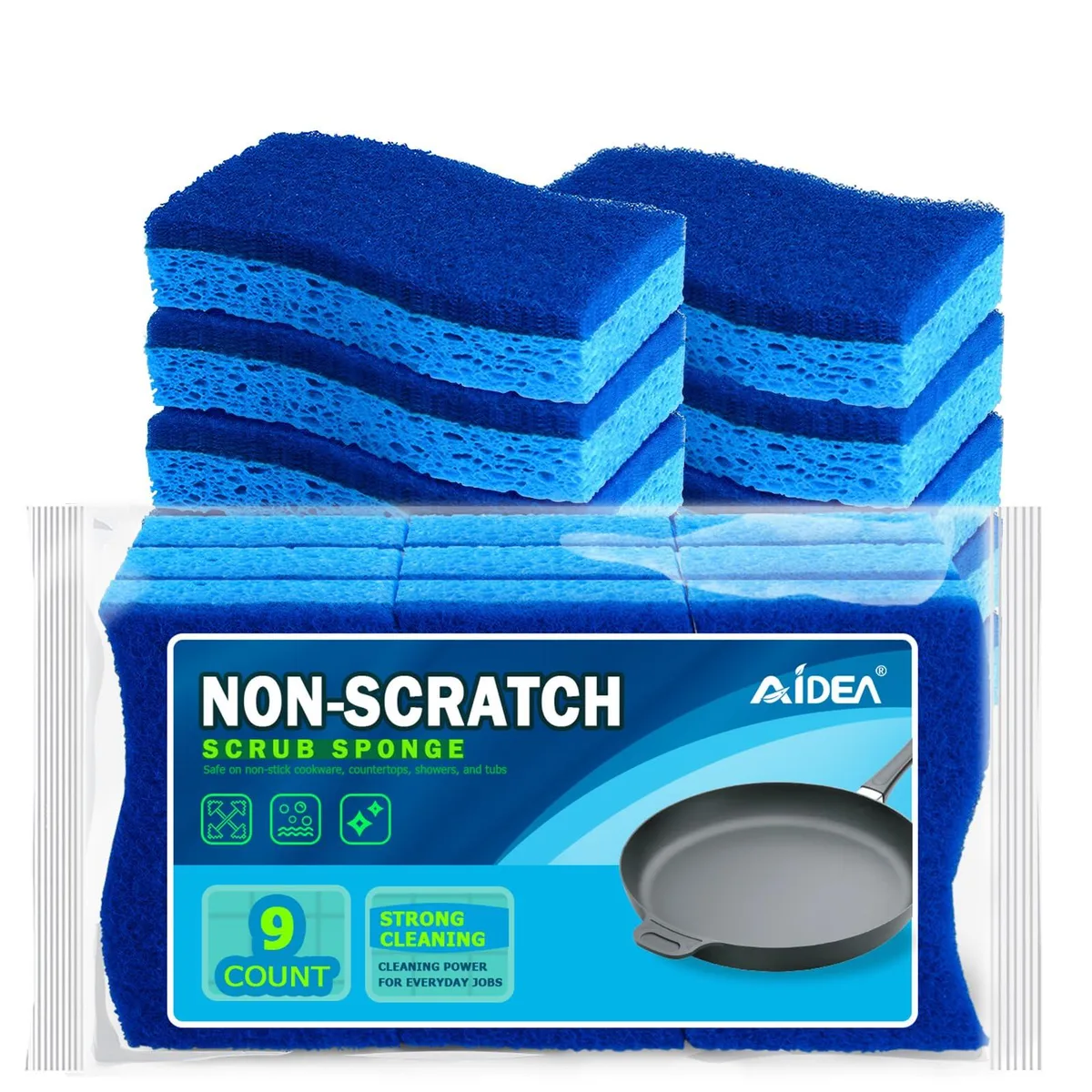 Nine rectangular dual-sided sponges, light green with white scrubber layer, stacked in clear packaging