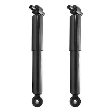 Two silver metal shock absorbers in a box
