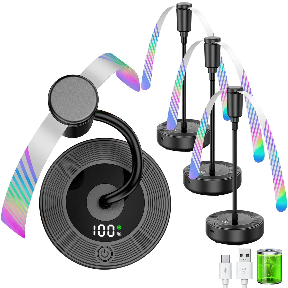 Silver industrial outdoor fan with holographic blades, LED display, foldable neck, and base hook