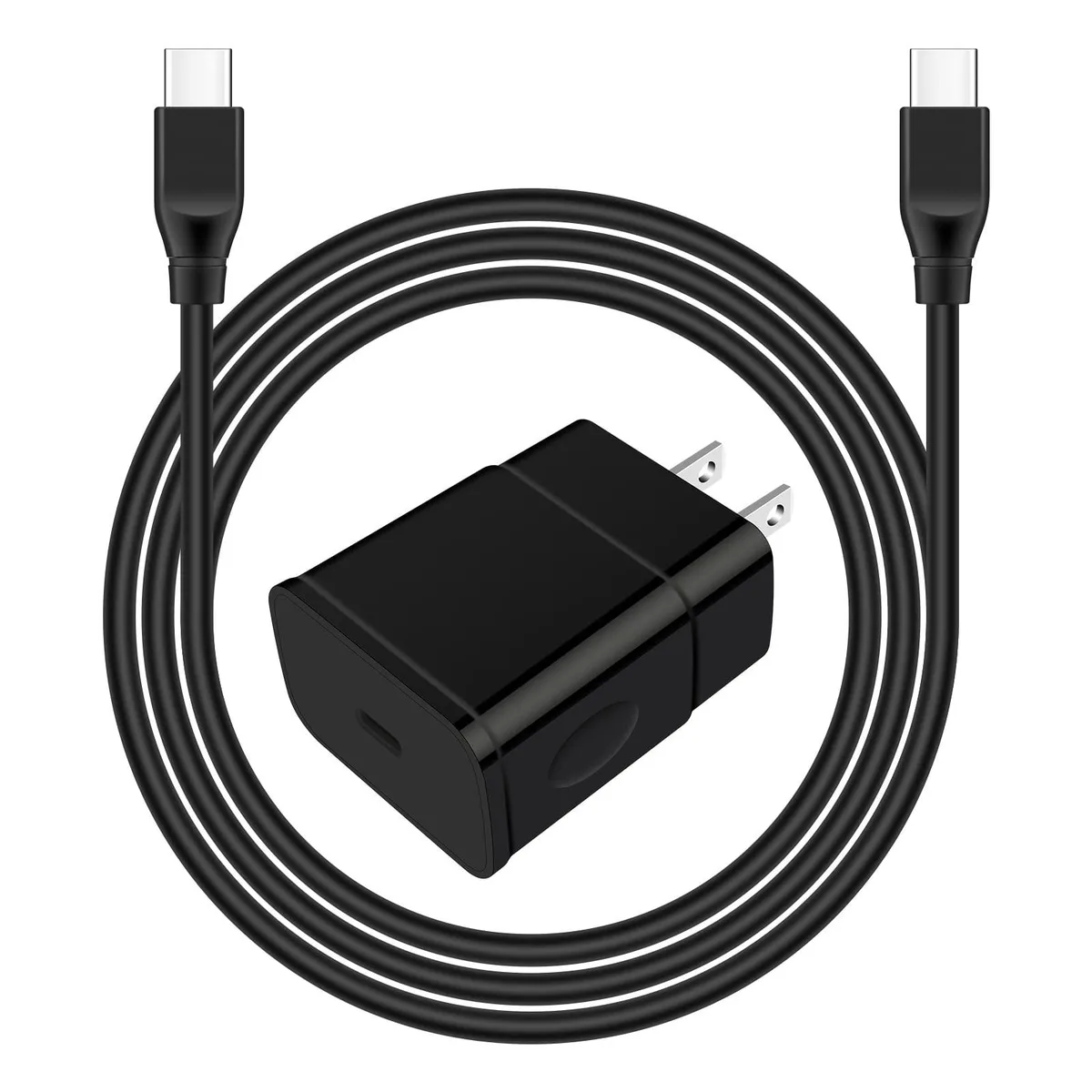 White rectangular USB-C wall charger with folding prongs and six-foot white USB-C to USB-C cable coiled beside it