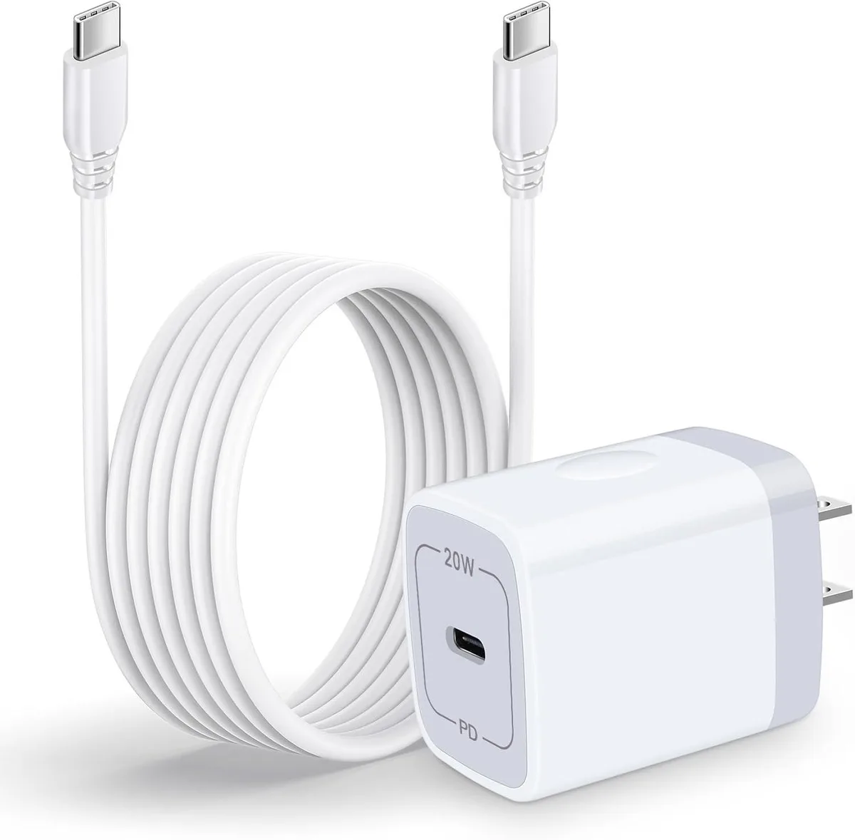 White rectangular USB-C wall charger with six-foot USB-C to USB-C cable