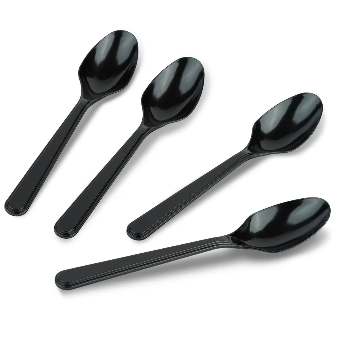 Fifty black plastic spoons in a rectangular pack