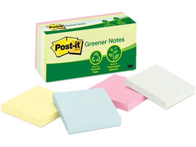Twelve packs of three-inch square pastel sticky notes, one hundred sheets each