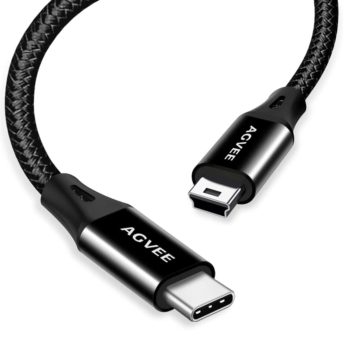 Black USB-C to Mini USB cable, 3.3 ft, braided nylon finish