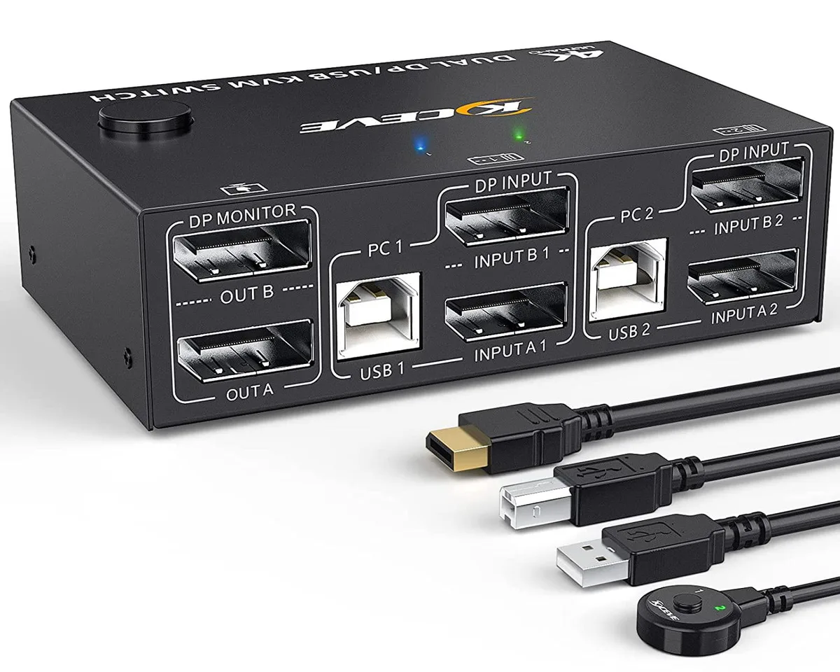 SMA SMA DP KVM Switch 2 PC 2 Monitors 4K 144Hz 8K 30Hz 4 USB 2.0 1.5m cables — product photo