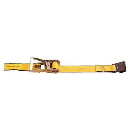 Gold polyester cargo strap with steel flat hooks, 20 ft length, 2 in width