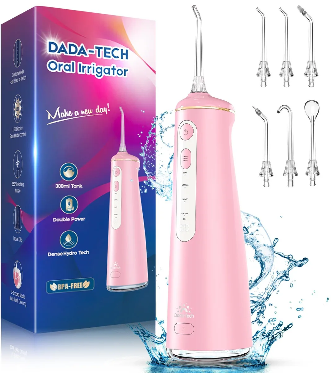 Pink cordless water flosser with 300ml tank and seven nozzles