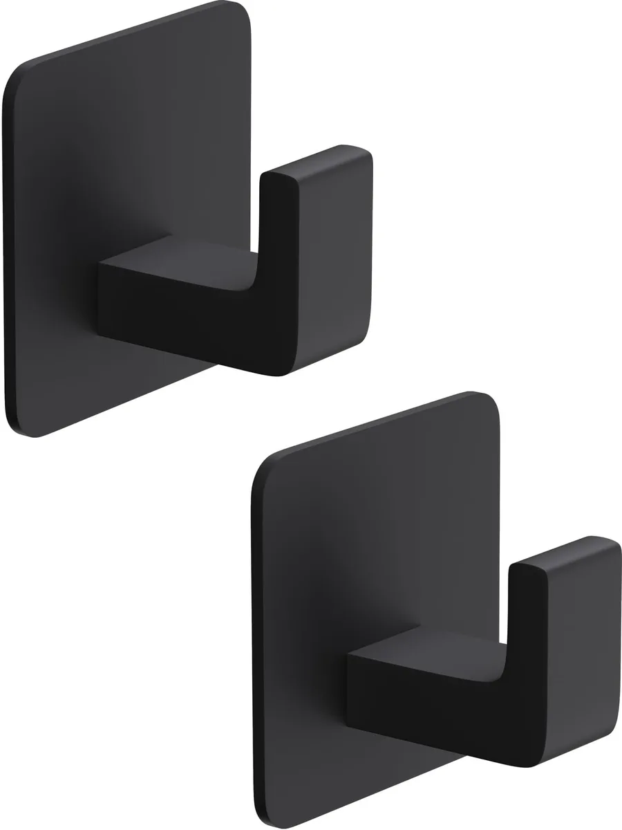 Two matte black square metal hooks with adhesive backing