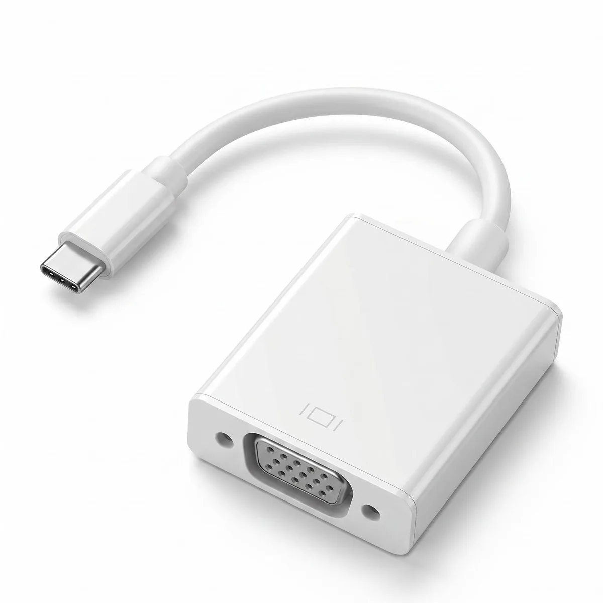 White plastic USB-C to VGA adapter with short cable