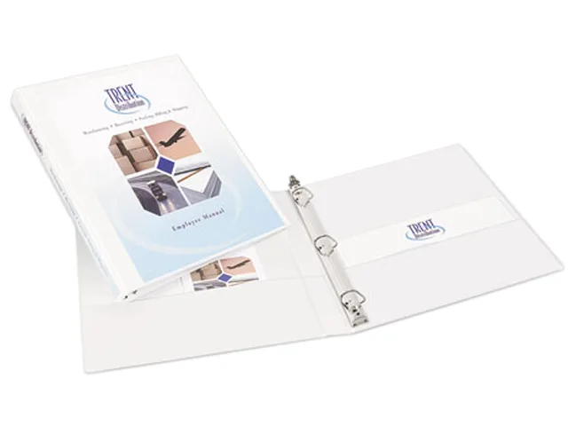 White 1/2 inch ring view binder with clear overlay and interior pockets