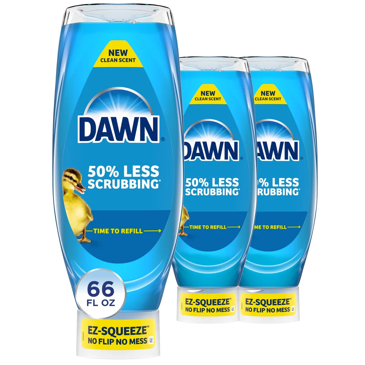 Three 22oz Dawn EZ-Squeeze dish soap bottles in white plastic with flip caps