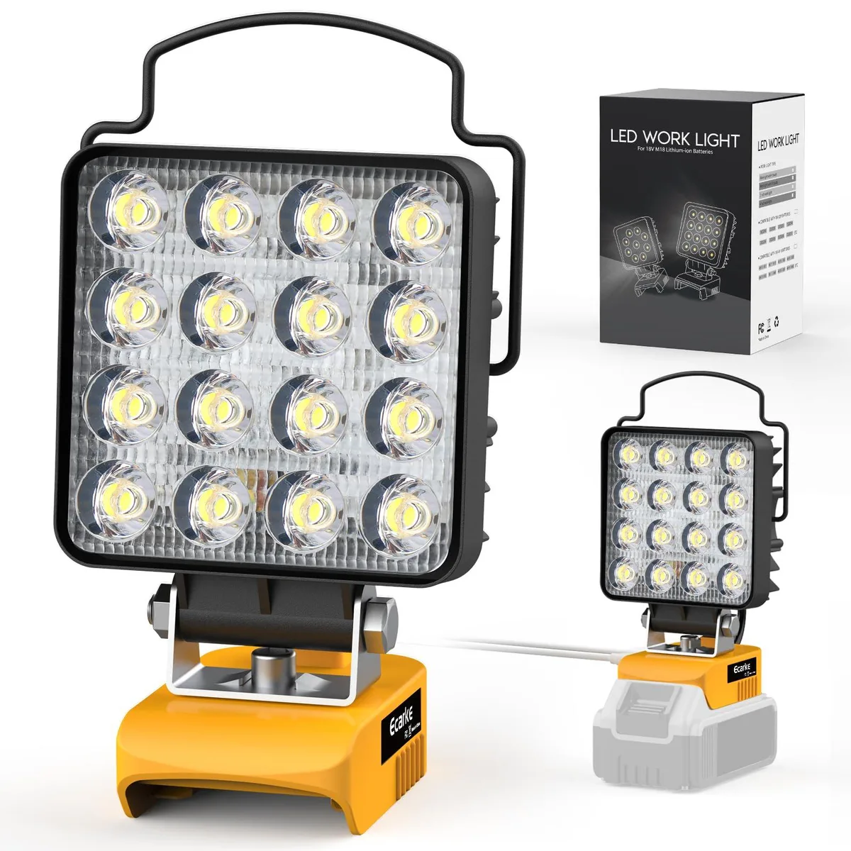 Compact black LED work light with adjustable head, DeWalt 20V battery mount