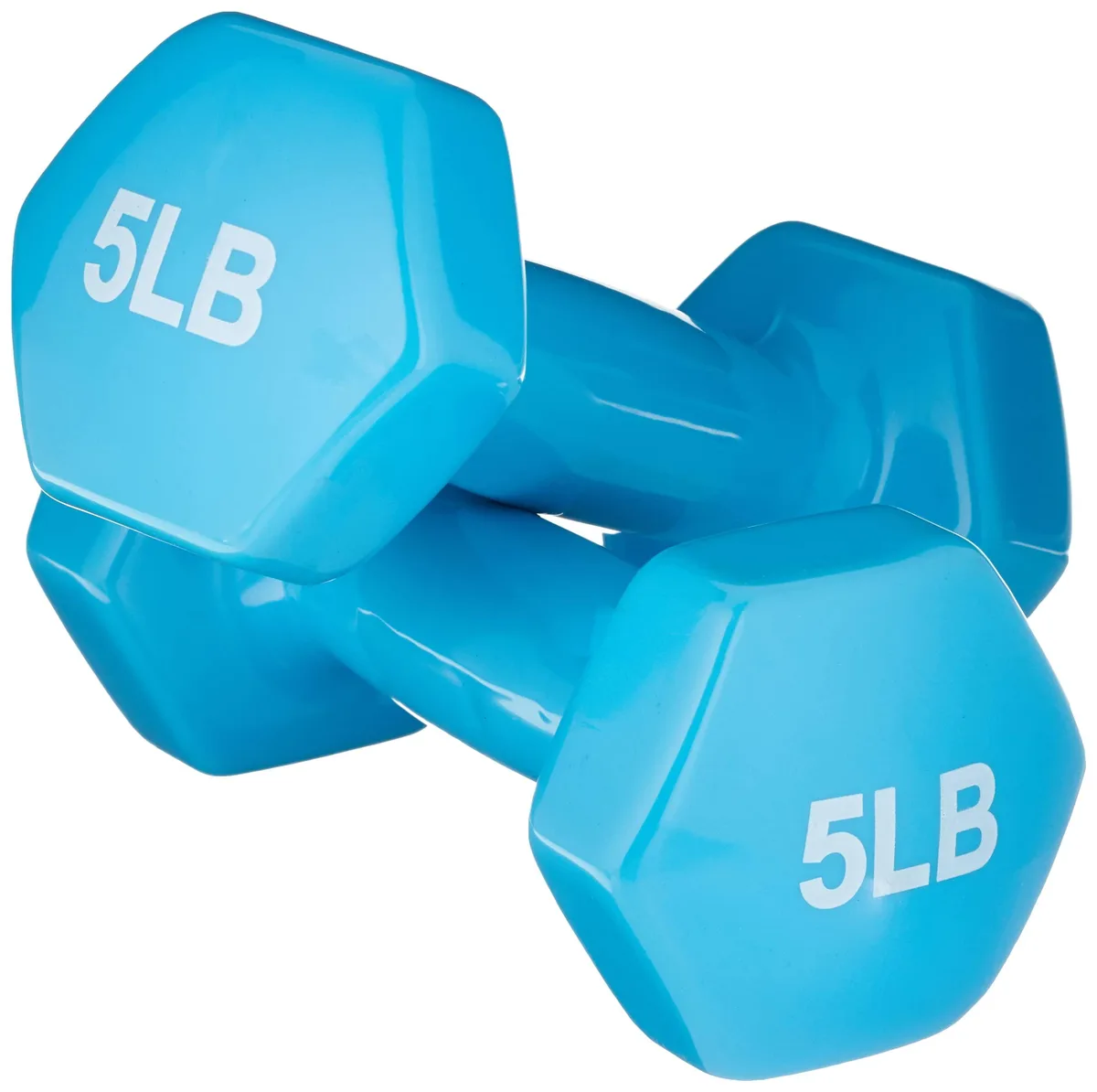 Pair of light blue vinyl-coated hex dumbbells with contoured alloy steel handles