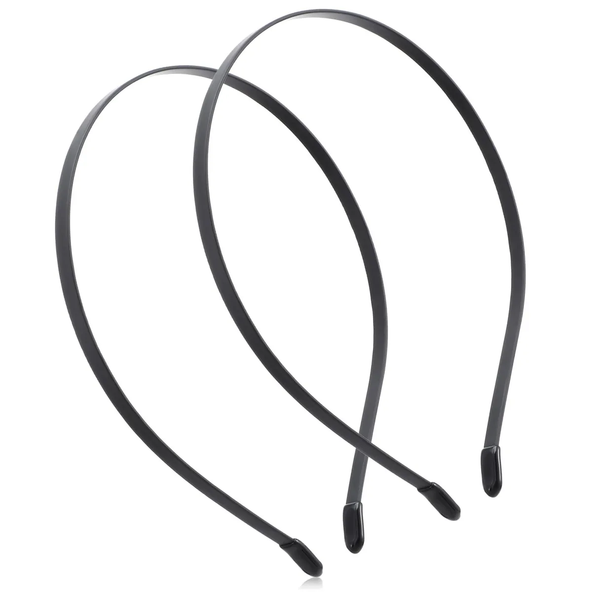 Black thin metal headband with plastic end caps, 24 cm by 16 cm by 1.9 cm