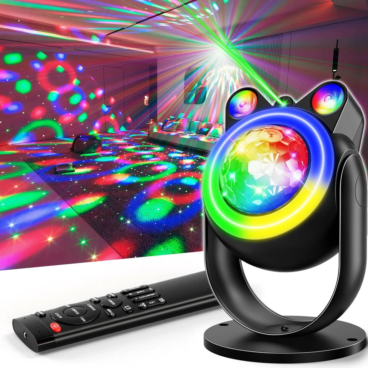 Blue plastic disco light with red accents, USB cable, remote control, projects stars and patterns