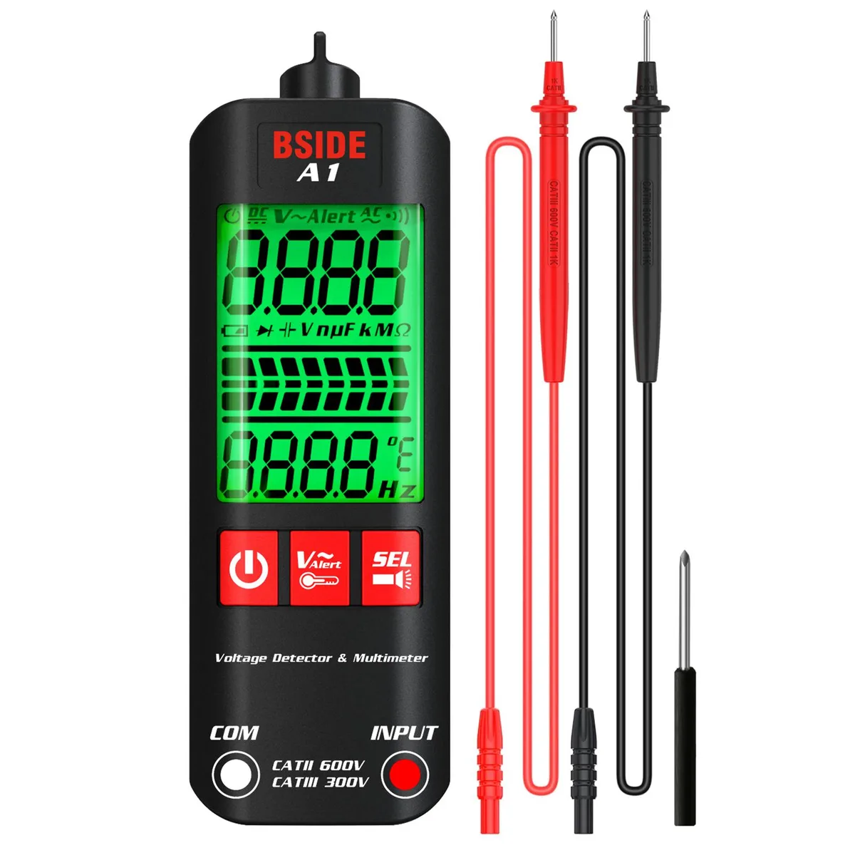 Compact orange handheld multimeter with LCD screen and test leads attached