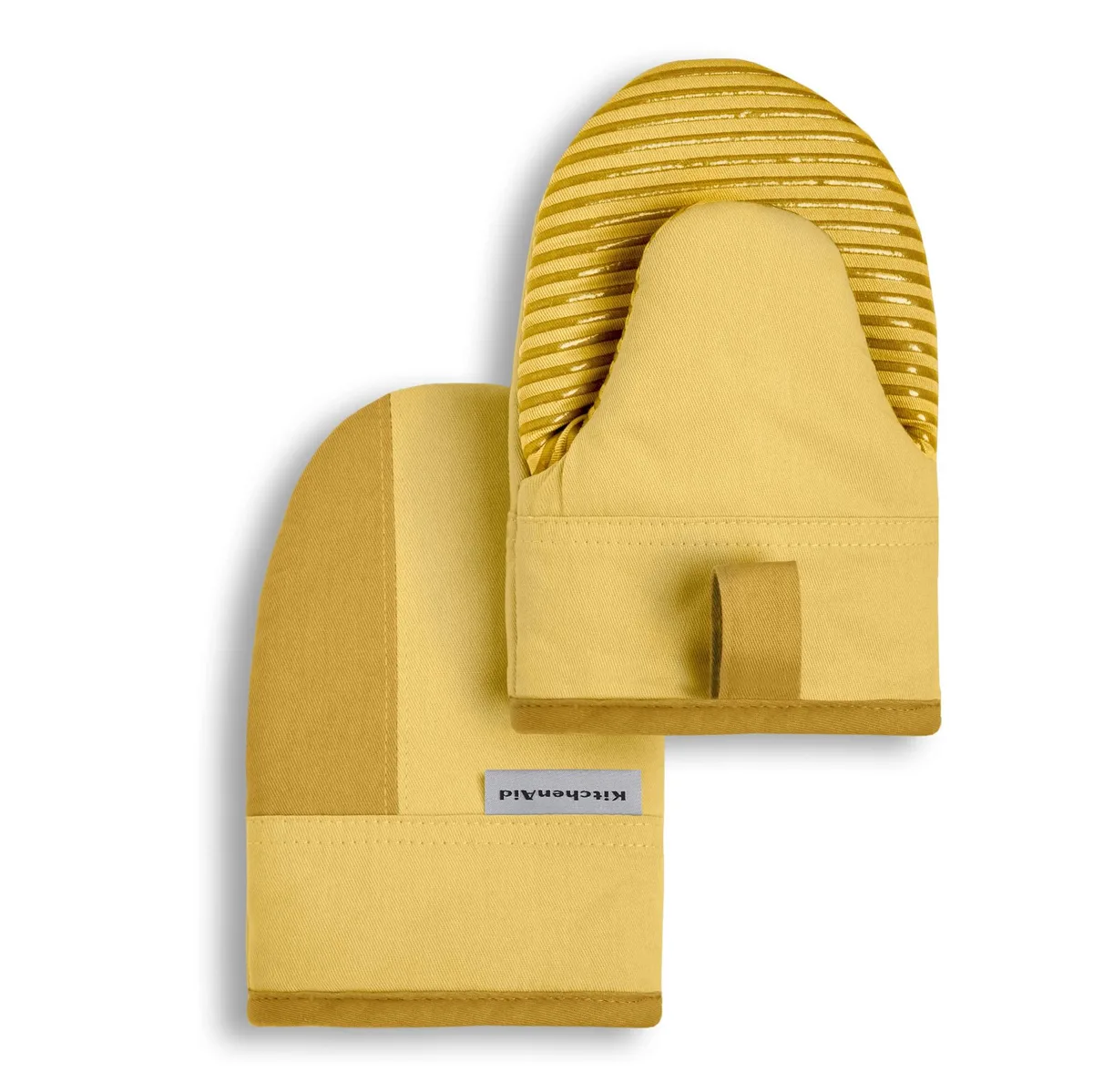 Two yellow mini oven mitts with silicone grip and hanging loops