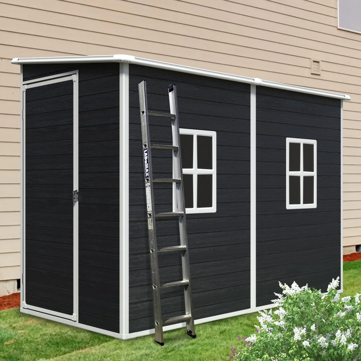 Black polypropylene garden shed, 8 by 4 feet, sloped roof, two windows, lockable door