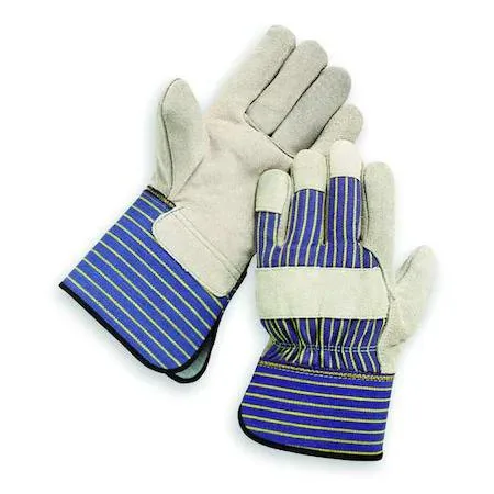 Pair of brown cowhide leather work gloves with gauntlet cuffs and wing thumbs