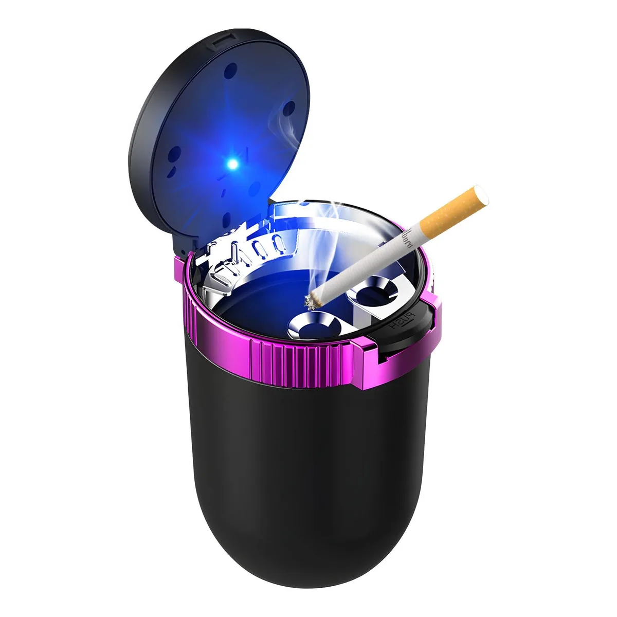 Purple cylindrical car ashtray with lid and LED light, stainless steel liner, fits cup holders