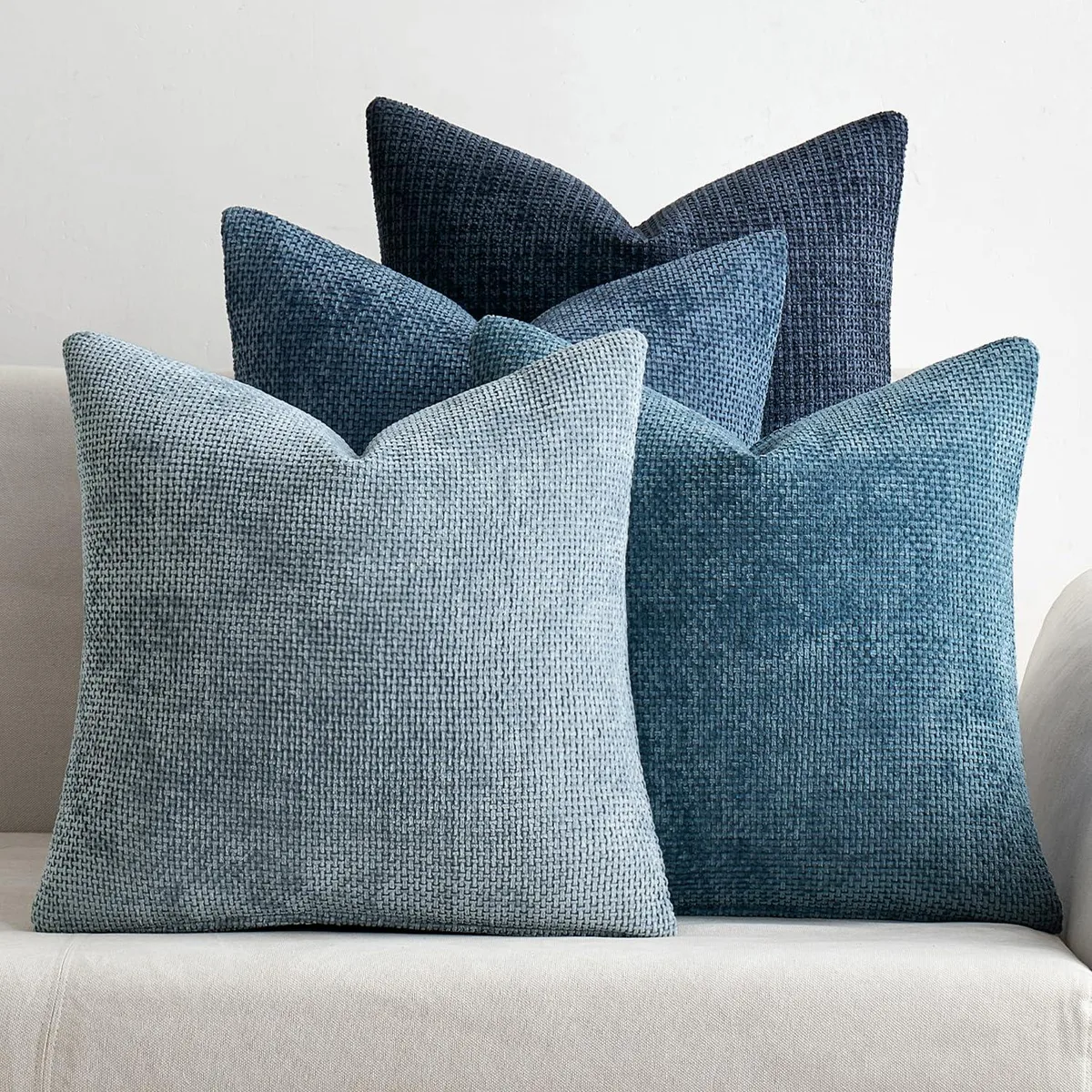 Four square blue chenille pillow covers 18x18 inches with hidden zippers