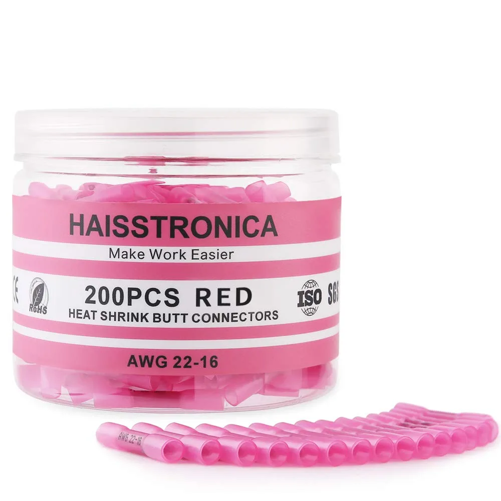  haisstronica 200PCS 22-16 AWG Red Heat Shrink Butt Connectors — product photo