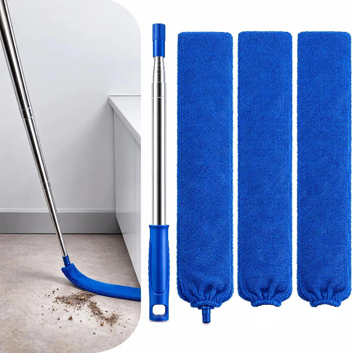 Blue retractable gap duster kit with extendable pole and microfiber cloths