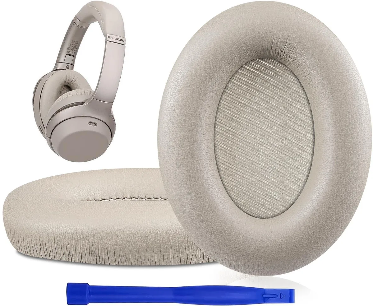 Pair of gold protein leather earpads with memory foam and plastic installation tool