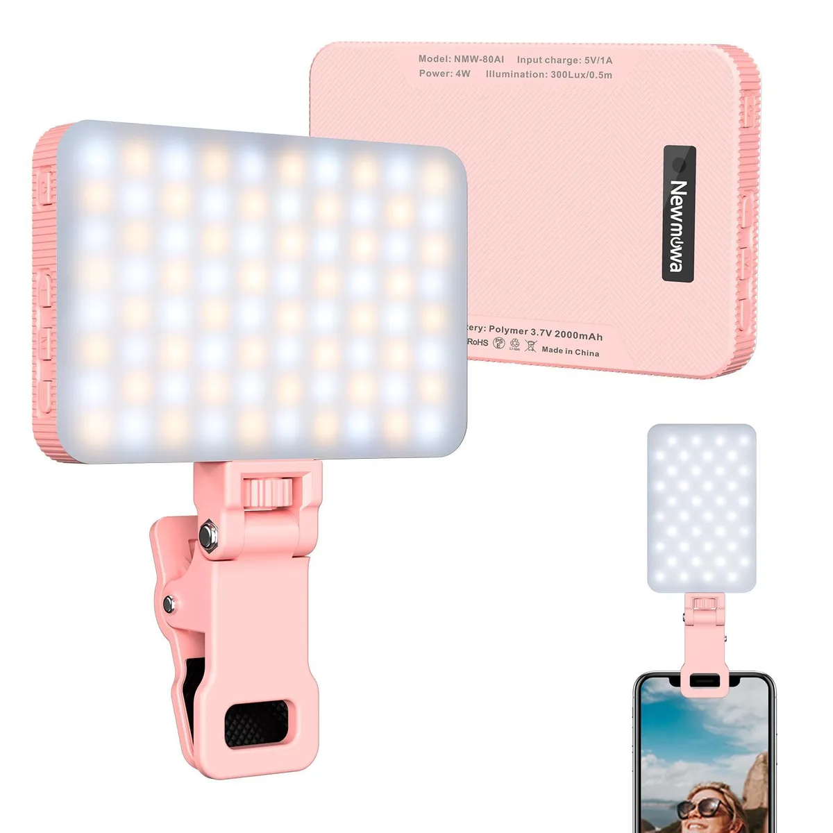 Neewer NMW-80AI-Pink-US Selfie Light with Smart Sensor, 3.9in, 2000mAh — product photo