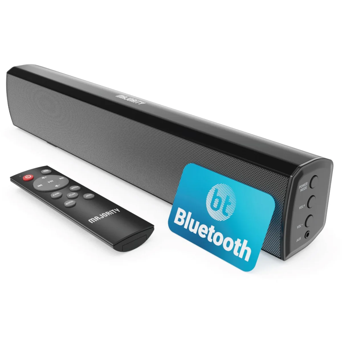 Black rectangular sound bar with rounded ends and front grille, 15 inches wide