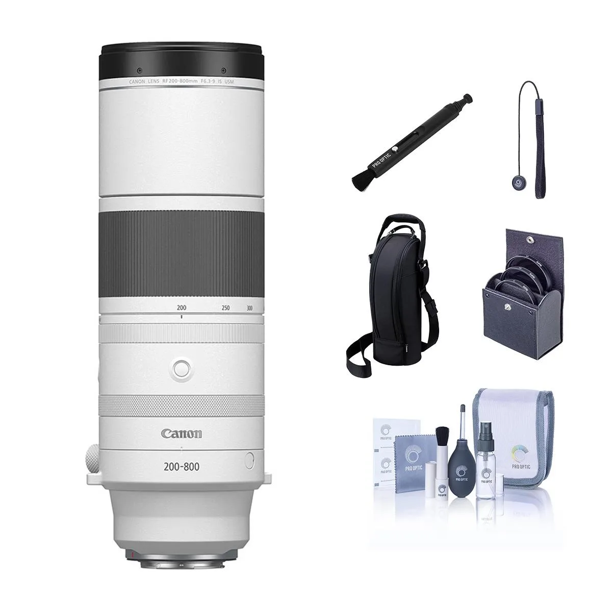 Canon Canon RF 200-800mm f/6.3-9 IS USM camera lens with 95mm filter kit, case and cleaning kit — product photo
