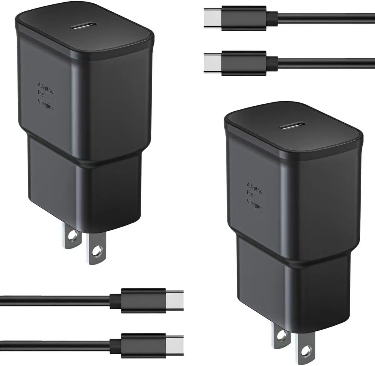 Two compact black USB-C wall chargers with matching six-foot cables