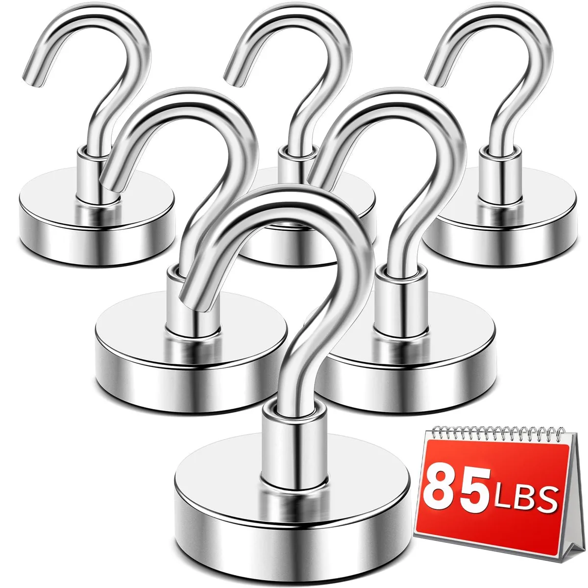 Six silver magnetic hooks with nickel-copper-nickel coating