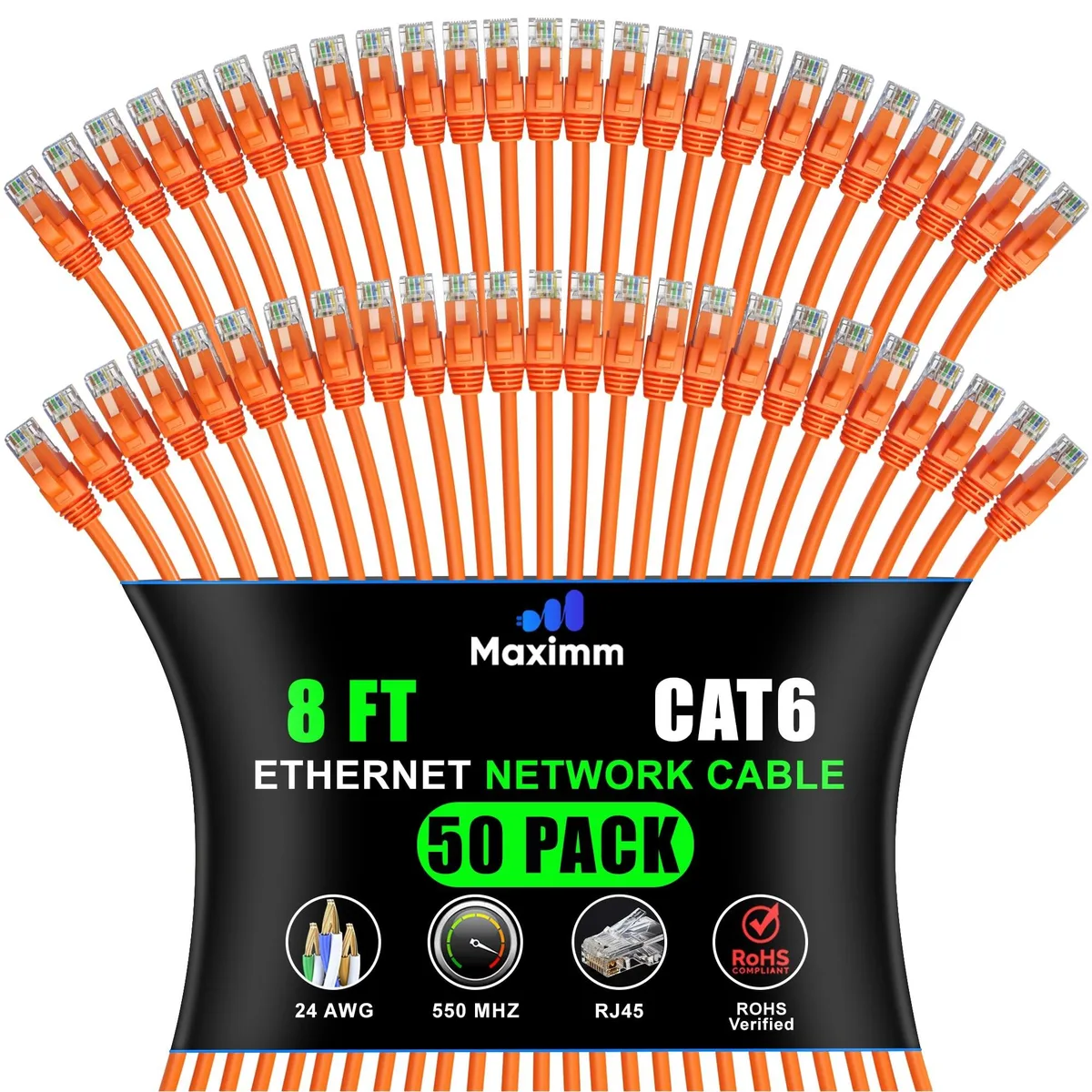 Fifty orange Cat 6 Ethernet cables eight feet long with gold RJ45 connectors