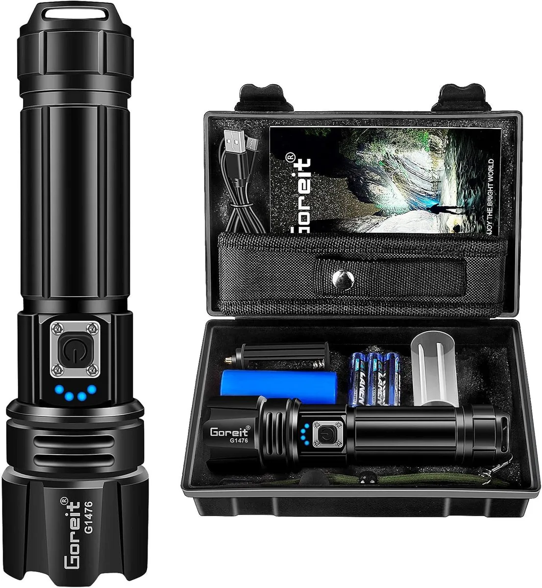 Black cylindrical flashlight with textured grip and USB charging port