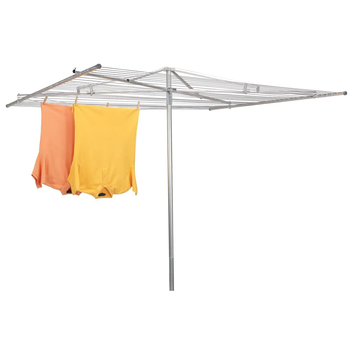 Silver rotary umbrella drying rack on galvanized steel post with 30 vinyl lines, 72 inches tall and 84 inches wide