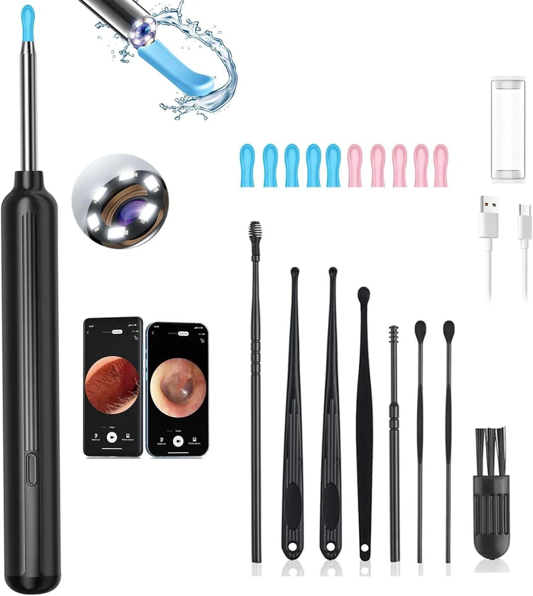 Black ear-cleaning otoscope with 1080P camera, six LEDs and ten tips