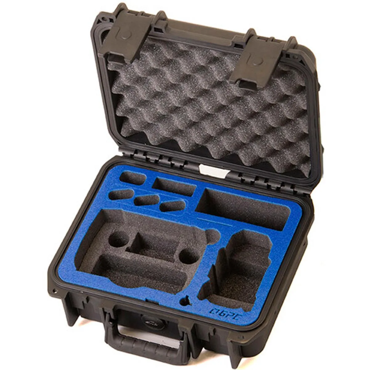 Black rectangular hard case with rounded corners and zip closure, foam interior visible