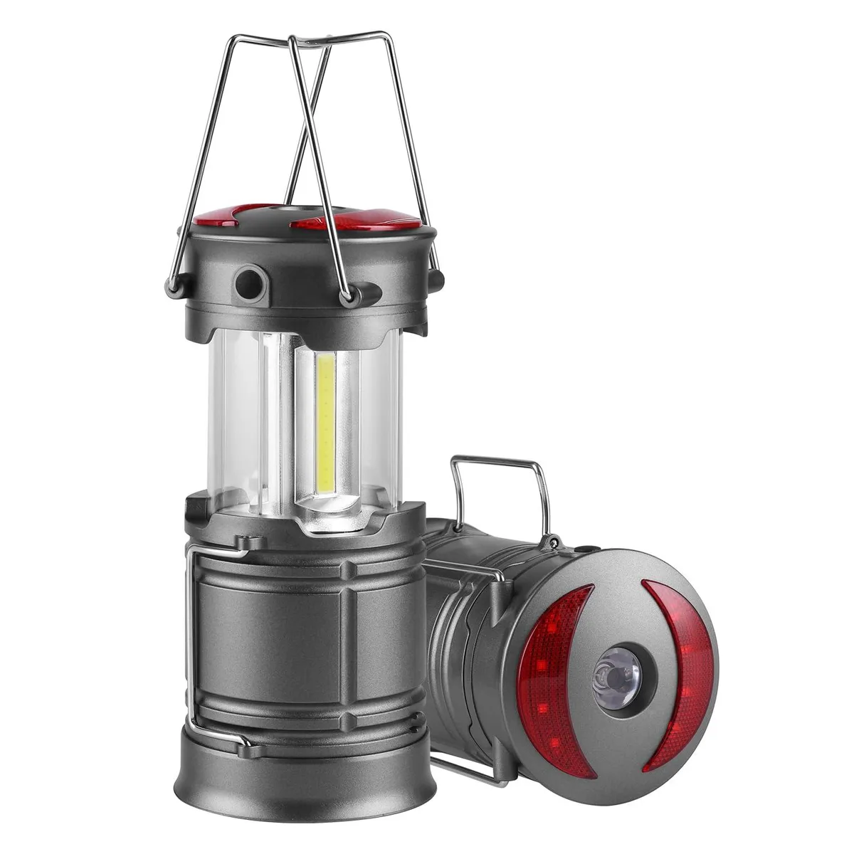 Two black collapsible COB lantern flashlights with folding handles and magnetic bases