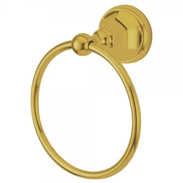 Polished brass towel ring, circular form, wall-mounted hardware visible