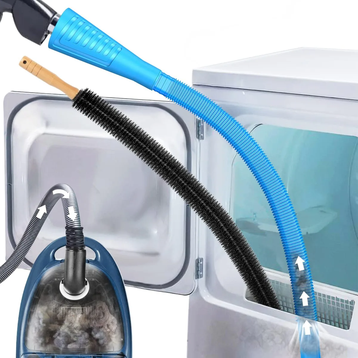 Blue plastic dryer vent cleaner kit with flexible hose and lint brush