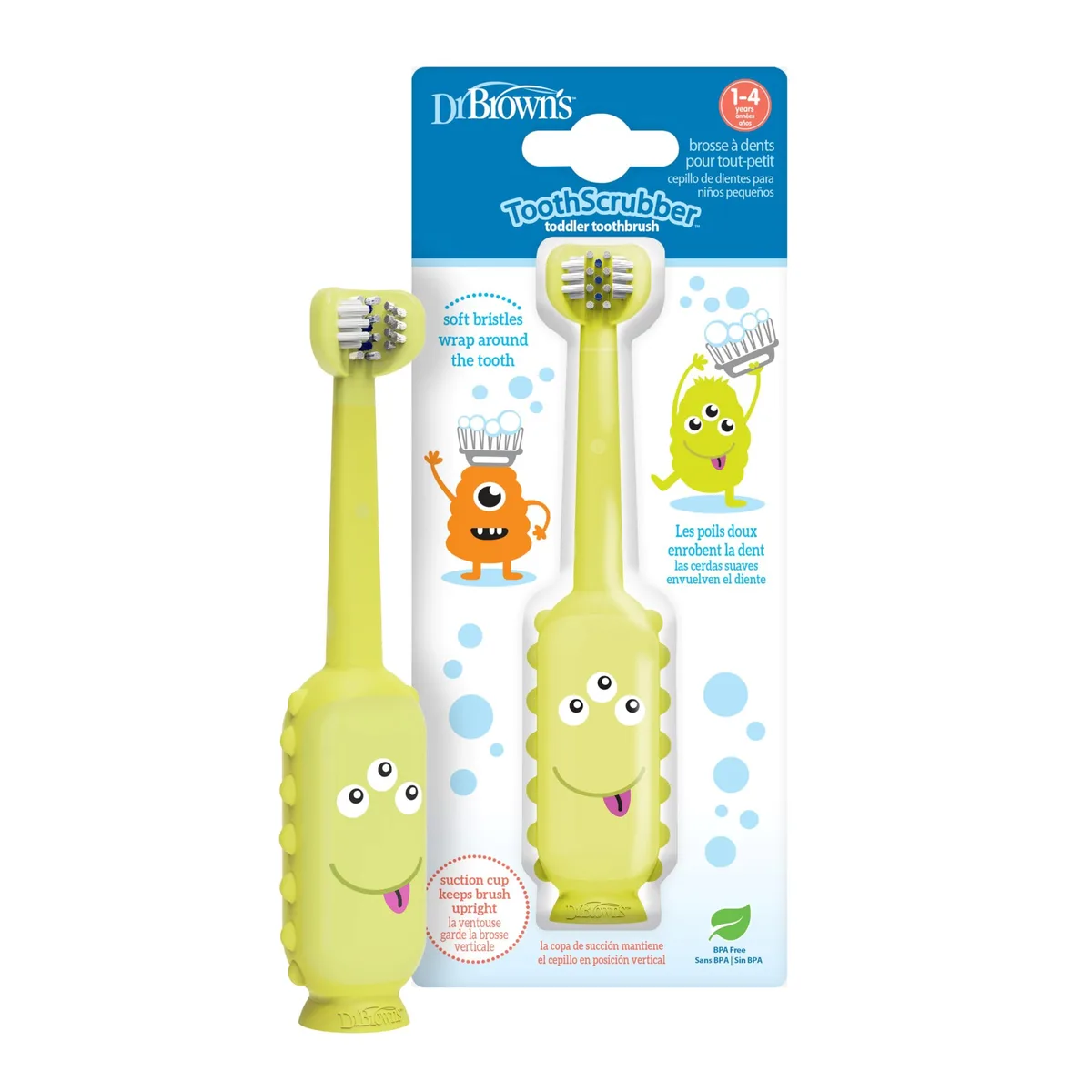 Green three-sided toddler toothbrush with suction cup base and soft bristles