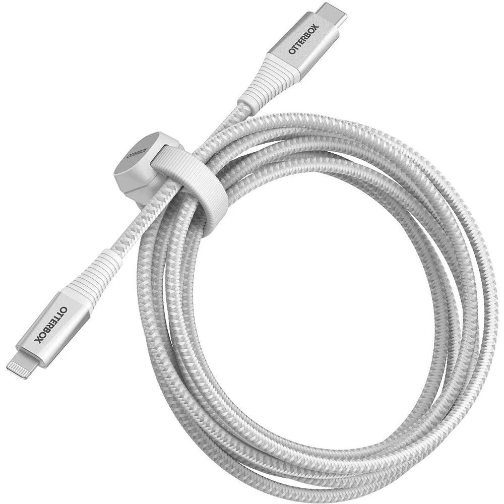 White braided nylon USB-C to Lightning cable with aluminium connectors and a cable wrap, 2 metre length
