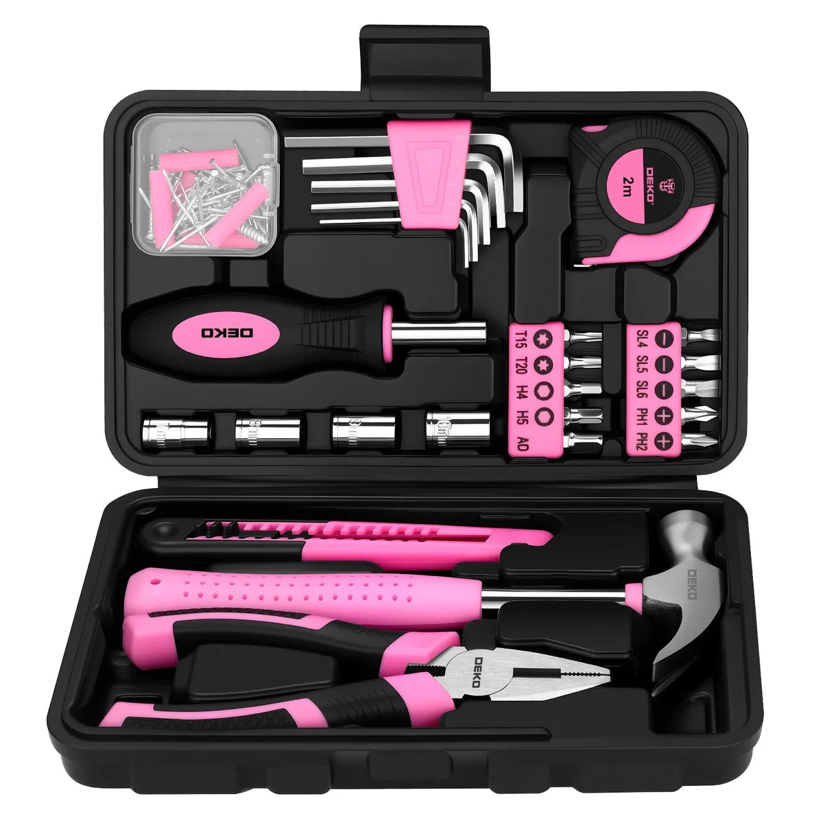 Pink plastic toolbox with 94-piece hand tool set inside